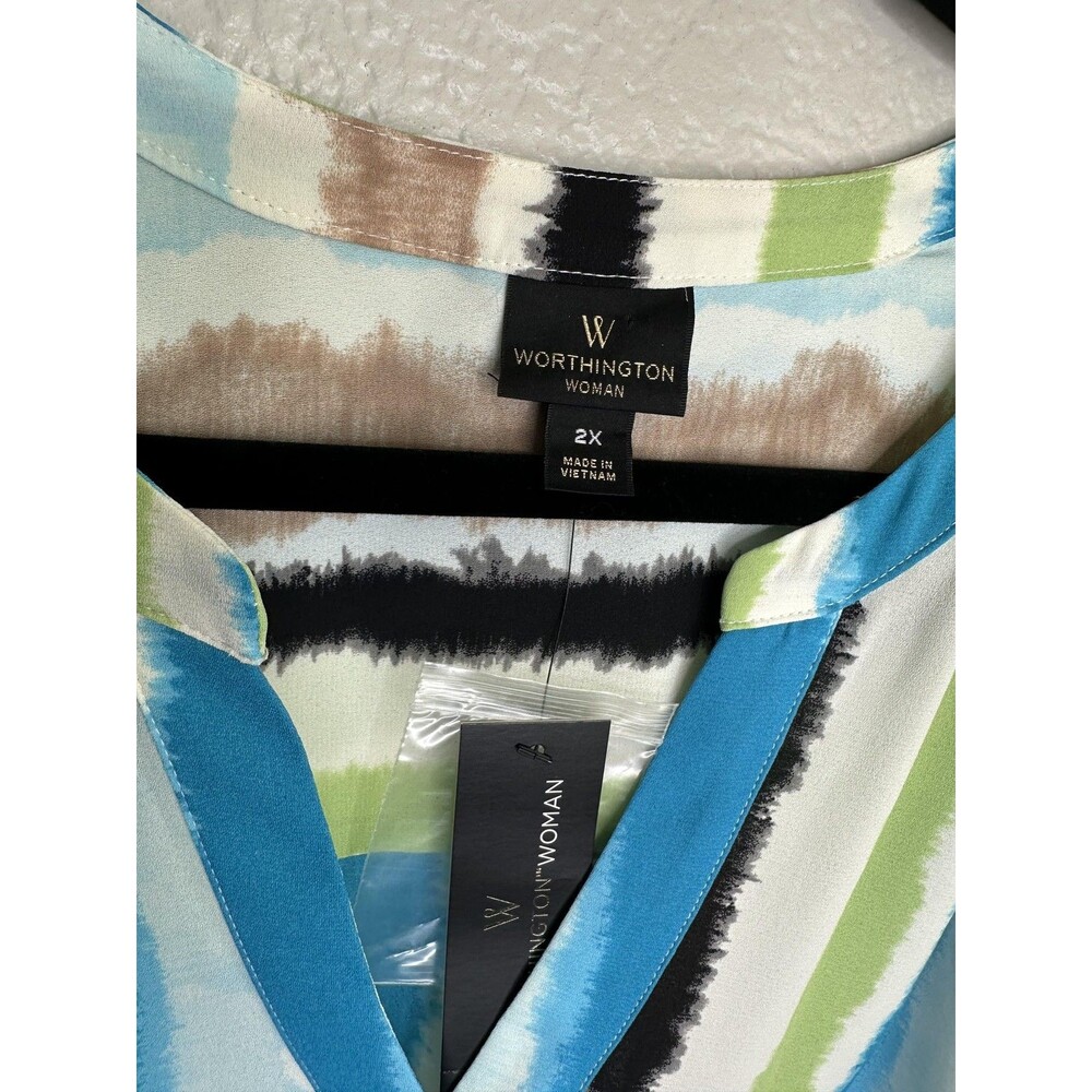 NEW Worthington Woman Shirt Womens 2X Blue Green Sophia Stripe 3/4 Sleeve V Neck - Picture 4 of 7